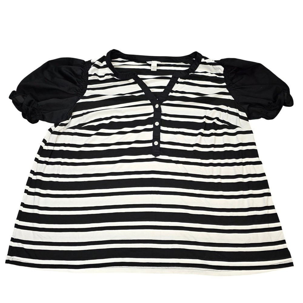 Cato V-Neck Knit Top Blouse Women's Size 18/20W Black‎ White Striped Puff Sleeve
